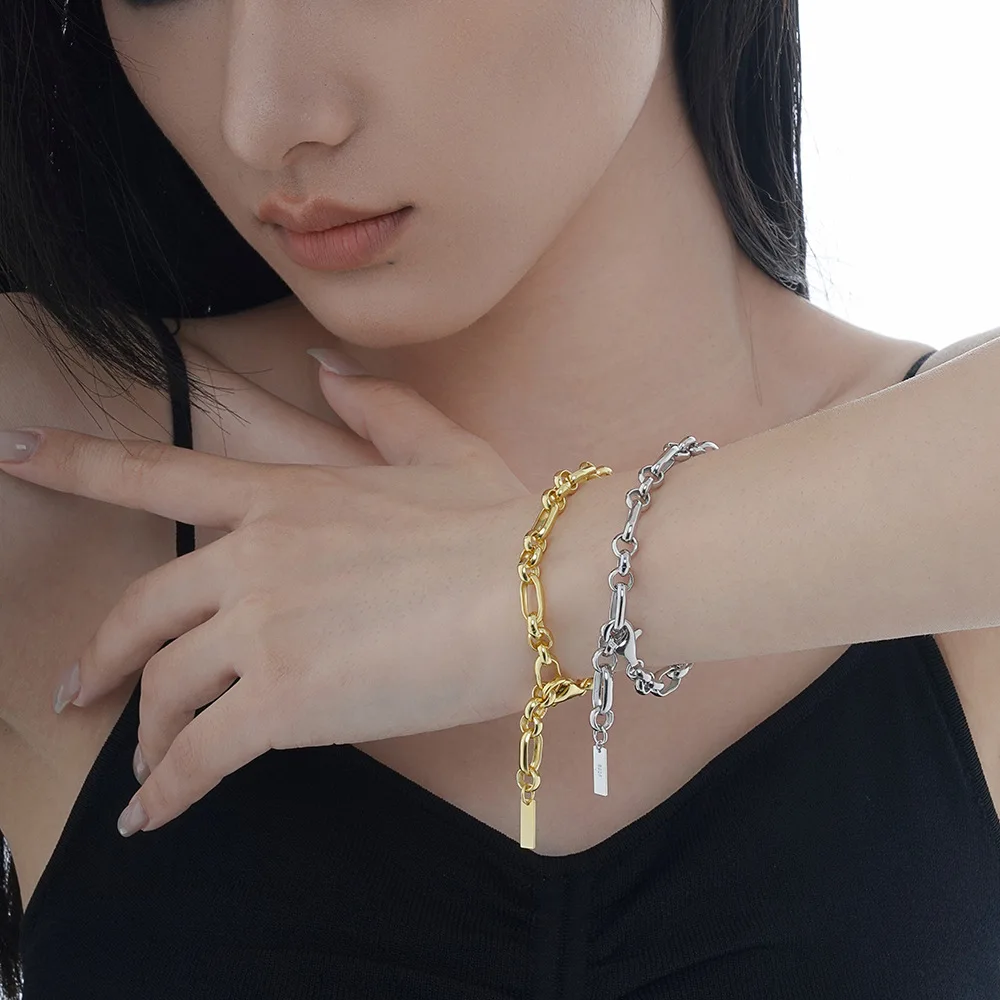 

Uglyless Cross Thick Chains Bracelets for Women Minimalist Blank Silver Jewelry Real 925 Sterling Silver Plain Bracelets Gold