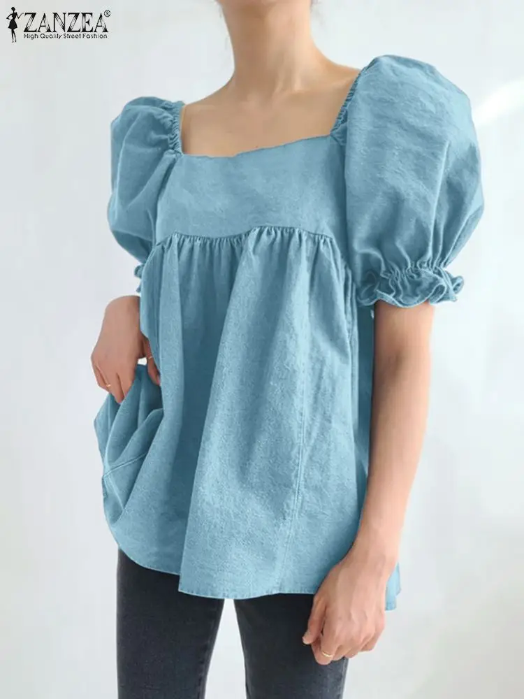 

ZANZEA Casual Pleats Tunics Fashion Short Puff Sleeve Blouses Women Elegant Square Neck Smock Tops Denim 2023 Summer Sweet Blusa