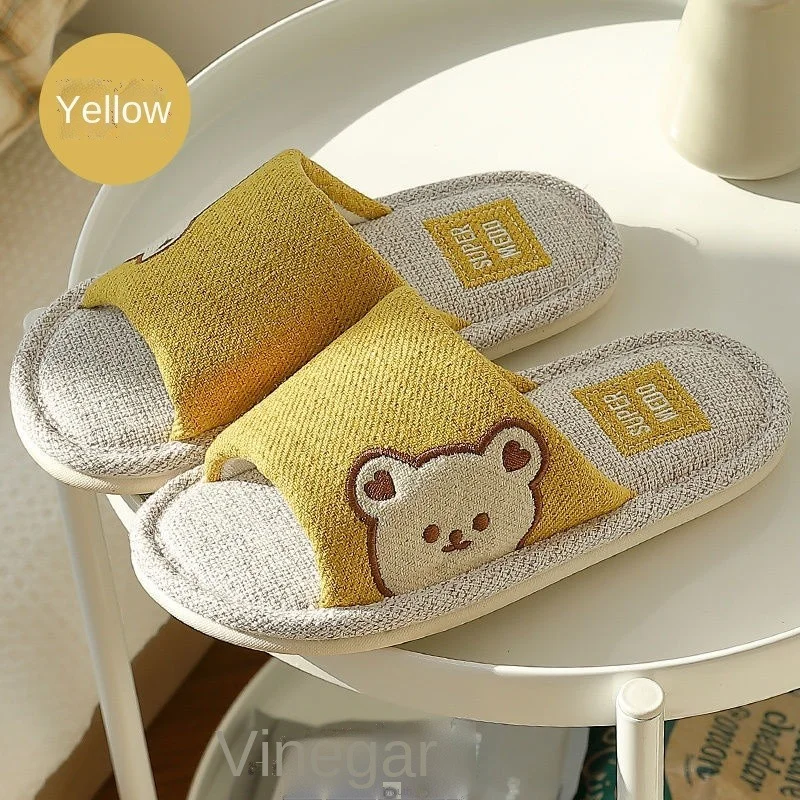 

Linen Down Thick Sole Bear Slippers Indoor Flip Flops Soft Non-Slip Couple Home Sandals Slides Ladies Shoes Women Man