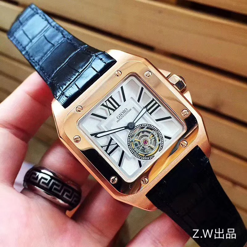 

Men Automatic Mechanical Watch Gold Leather White Tourbillon