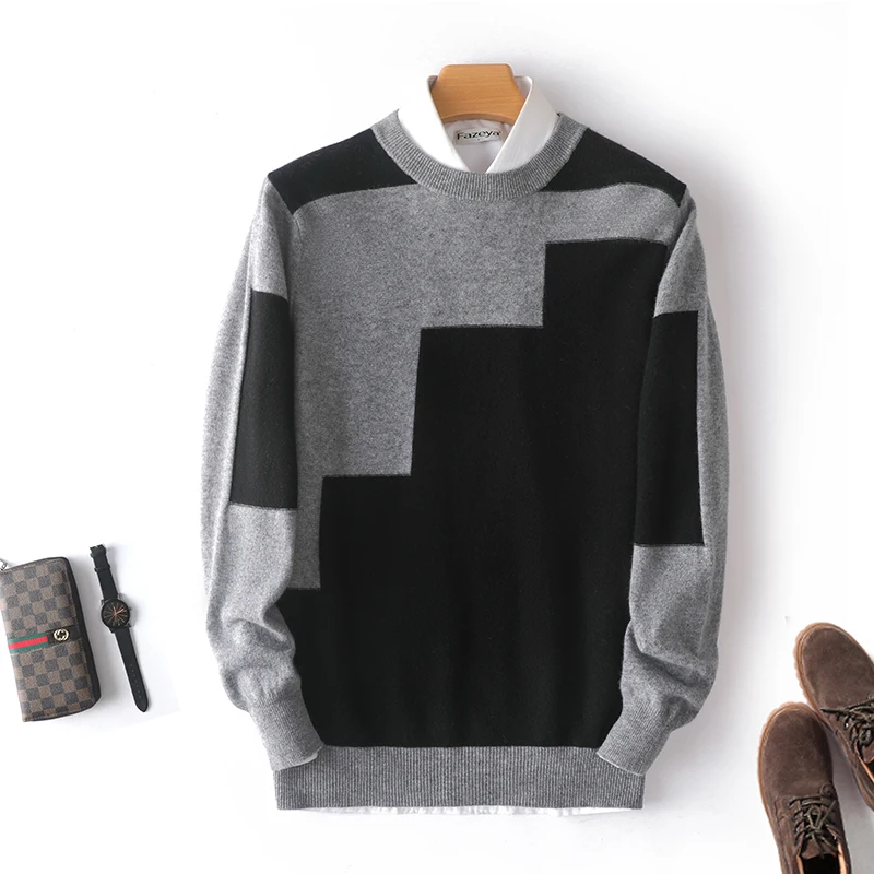 100% Merino Wool Sweater Men Crew Neck Pullover Fashion Patchwork Vintage Top Autumn Winter Large Size Men's Cashmere Sweater