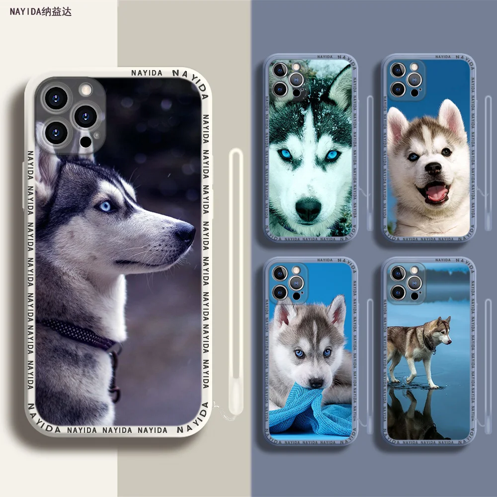 

Soft Silicone Phone Case For iPhone 14 13 11 12 Mini Pro Max XS XR X Blue Lanyard Cover Cute Siberian Husky Puppy