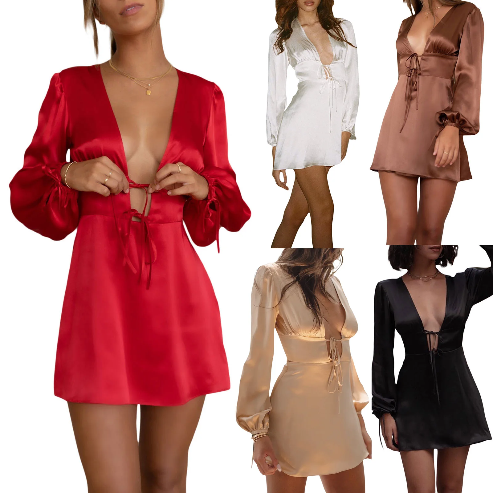 

Women’s Fashion Satin Long Sleeve Mini Dress Casual Solid Color Tie-up V-neck Backless A-line Dress