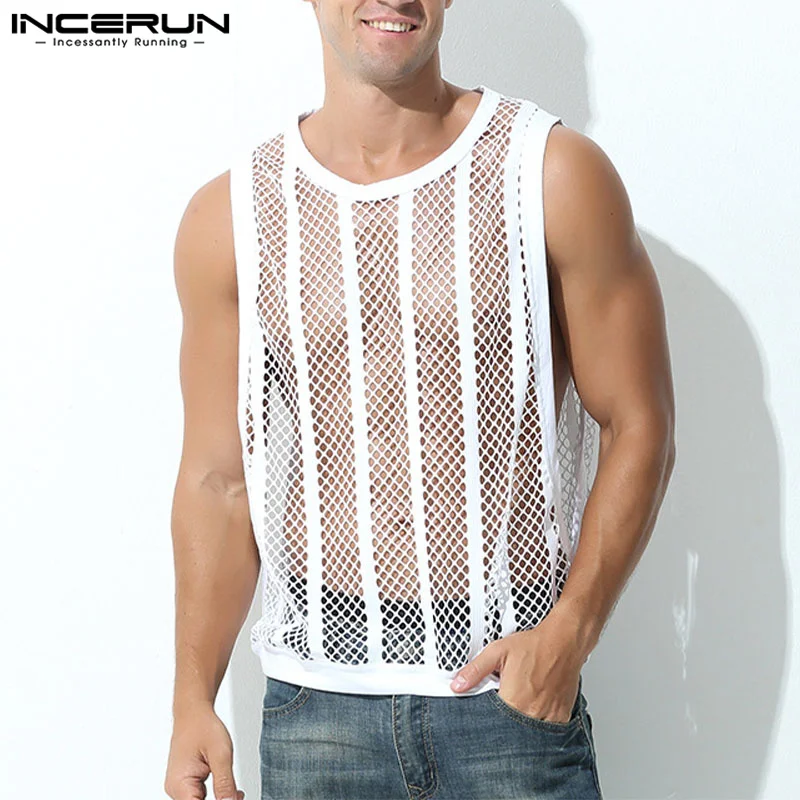 

INCERUN Tops 2023 American Style Men's Loose Striped Hollowed Mesh Tank Tops Sexy Male Solid Large Cuffed Split Waistcoat S-5XL