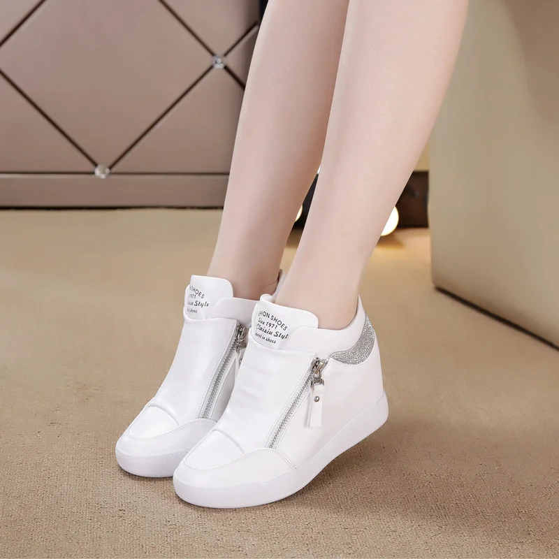 White Black Wedge Platform Shoes Women Sneakers 8CM Hidden Heels Shoes Woman Fashion Casual Sneaker Ladies Leather Shoes