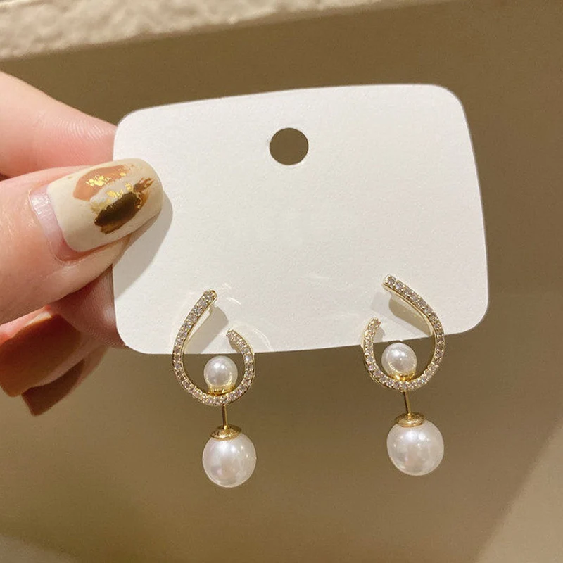 

2022 New Arrival Trendy Imitation Pearl Geometric Stud Earrings For Women Luxury Zircon Crystal Earring Party Elegant Jewelry