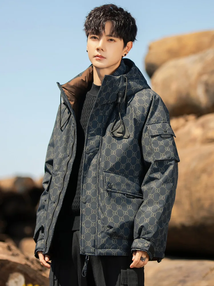 Мужская пуховая куртка с капюшоном и принтом новая зимняя утолщенная теплая