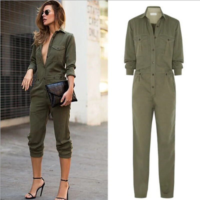 

Sexy Women New Fashion Slim Jumpsuit Long Sleeve Army Green Solid Casual Bodysuit Ladies Vintage Romper Long Jumpsuit