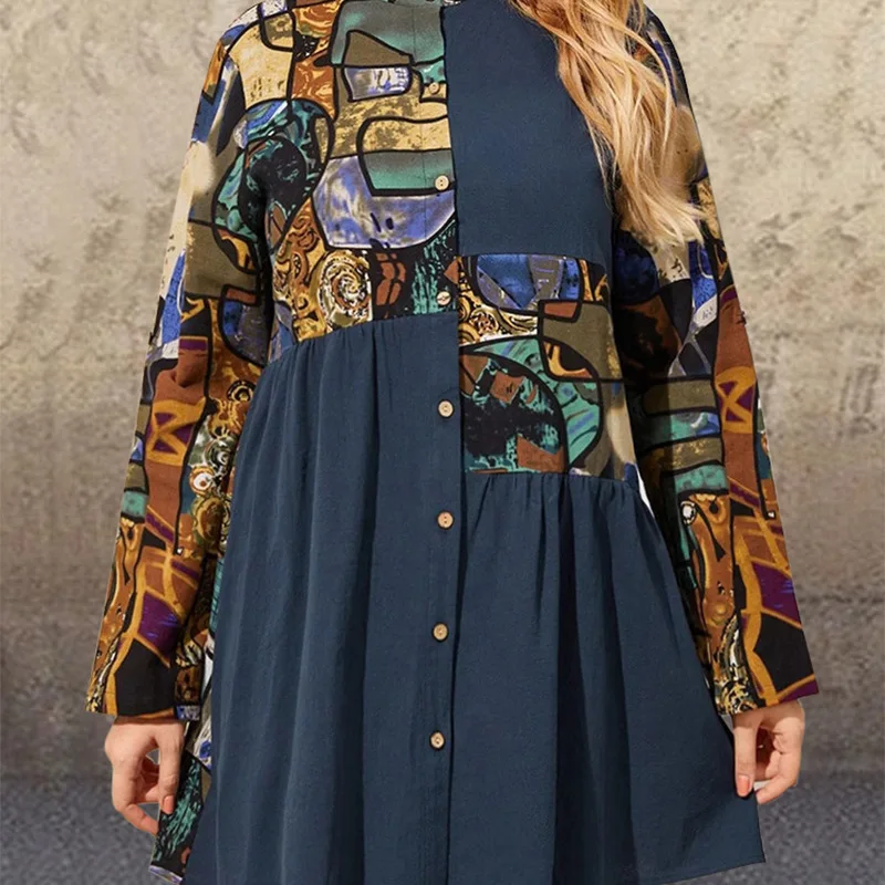 

SuperAen 2022 Spring Loose Oversized Women's Stand Collar Ethnic Style Casual Printing Shirt