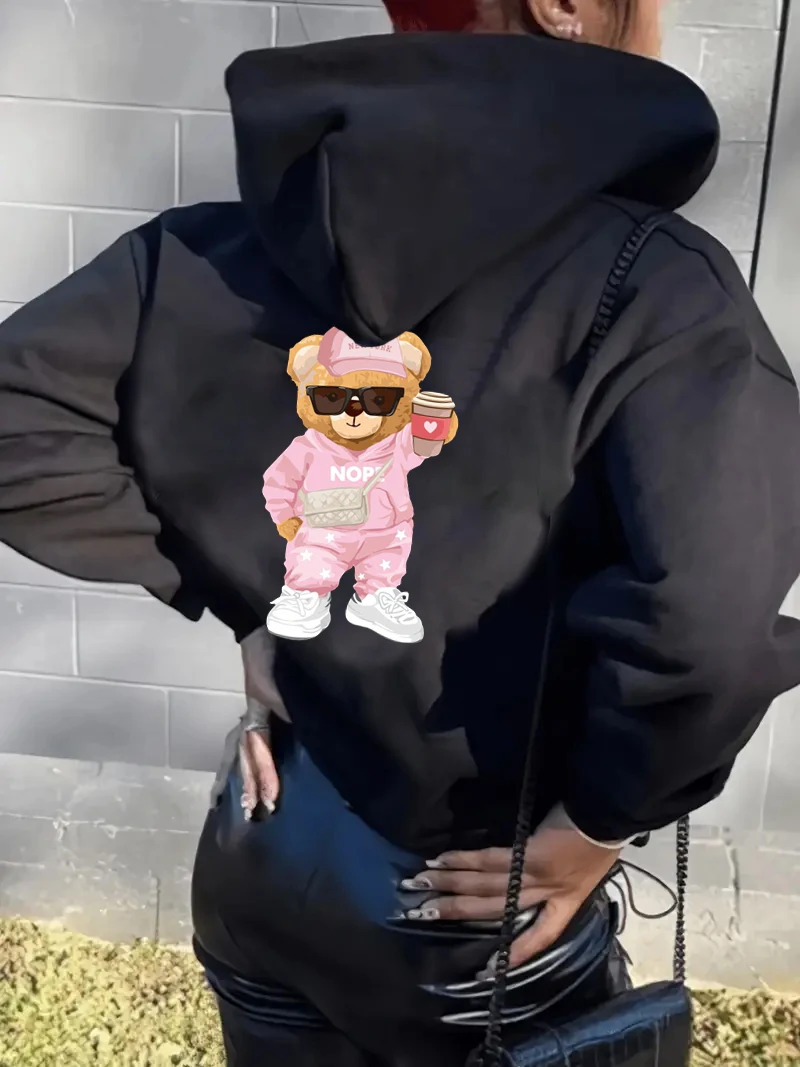 Однотонная толстовка с милым медведем на шнурке спортивная карманом кенгуру