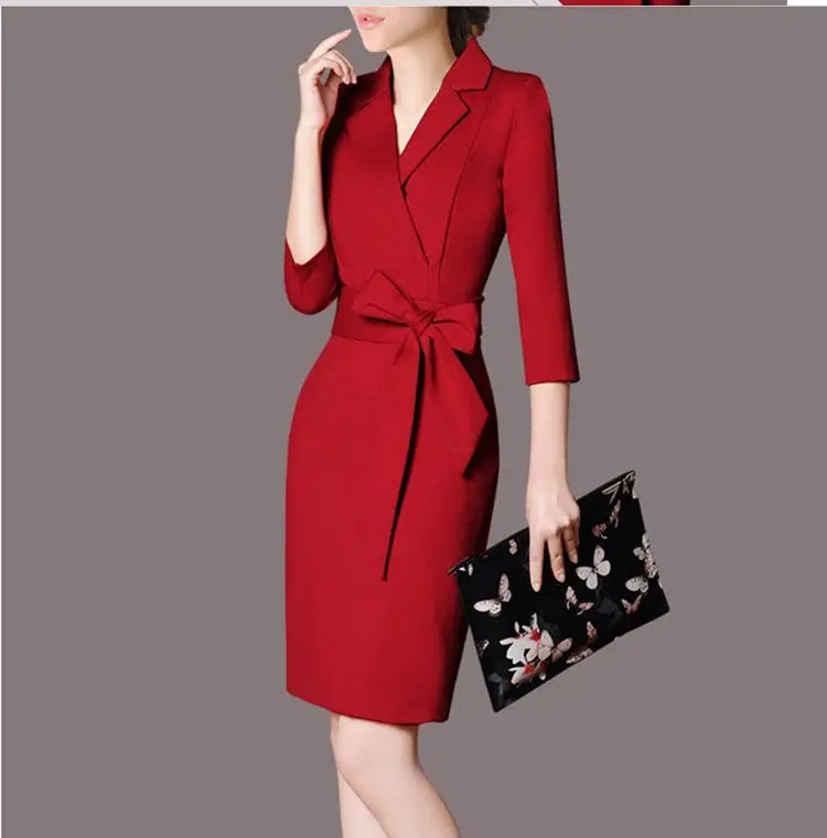 

Woman Spring Hot Sale Solid Half Sashes Notched Knee-length A-line Slim Dresses Female Autumn Hot Sale Hedging Maxi Dress