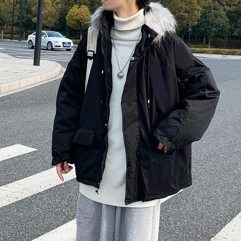 

Мужская стеганая куртка с большим меховым воротником, свободная куртка-карго из хлопка для зимы, 2021