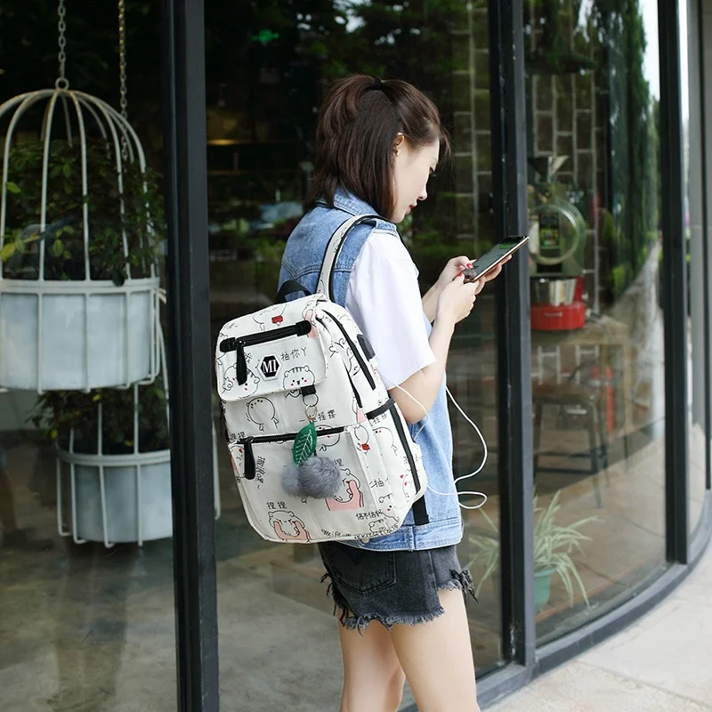 

2021 USB Charging Canvas Backpack 3 Pcs/set Women School Backpacks Schoolbag For Teenagers Man Student Book Bag Boys Satchel