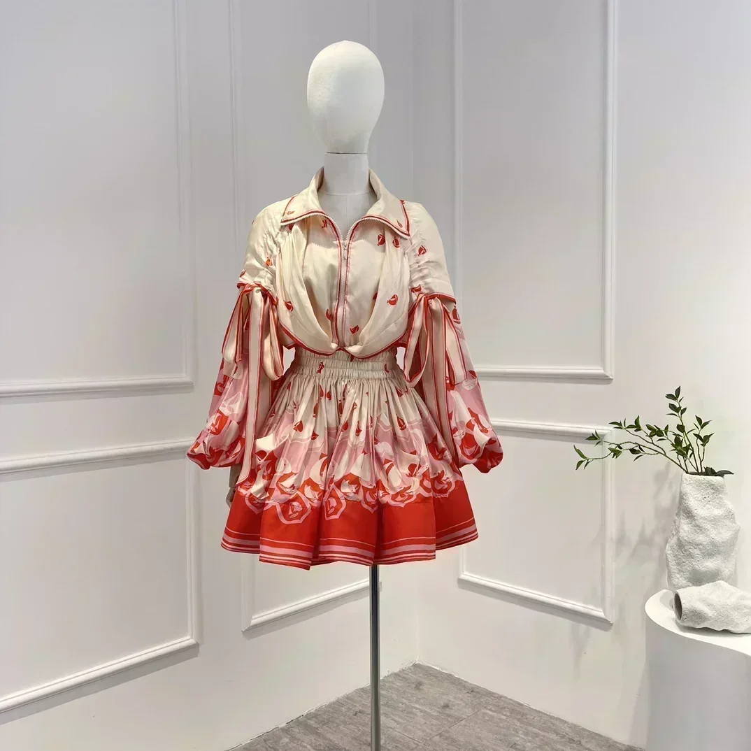 

2023 Spring Top Quality Twill Silk Red Sailboat Printing Mini Dresses Women
