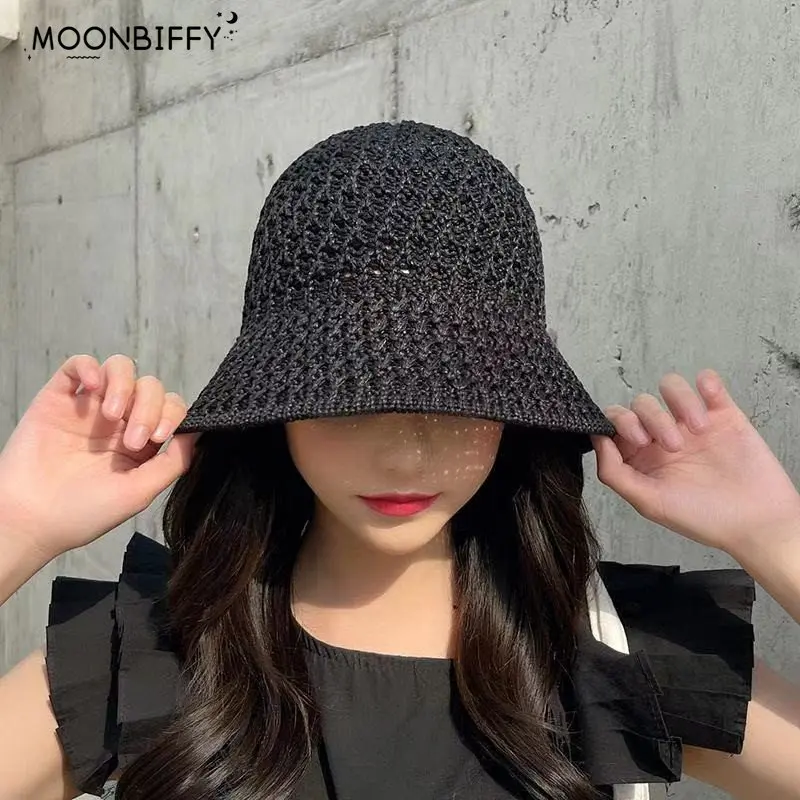

New Solid Handmade Crochet Floppy Top Summer Hats for Women Hollow Out Knit Dome Bucket Hat Wide Brim Foldable Beach Caps