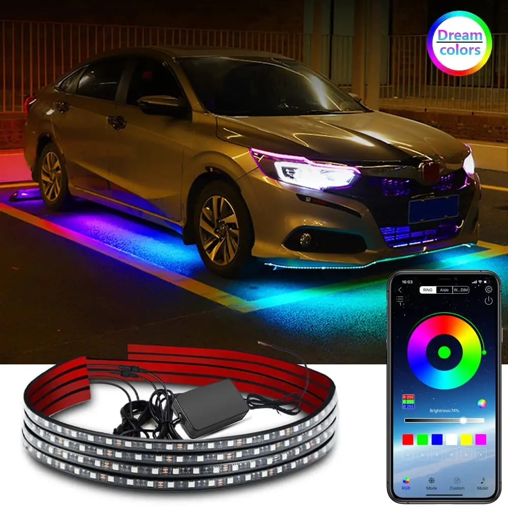 

4x Car Underglow Flexible Strip LED Remote /APP Control RGB LED Strip Under Automobile Chassis Tube Underbody System Neon Light