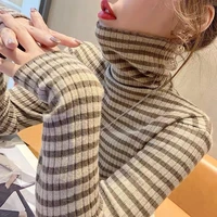striped high neck bottomed shirt womens autumn and winter 2021 new versatile slim fit display pile neck sweater inner top