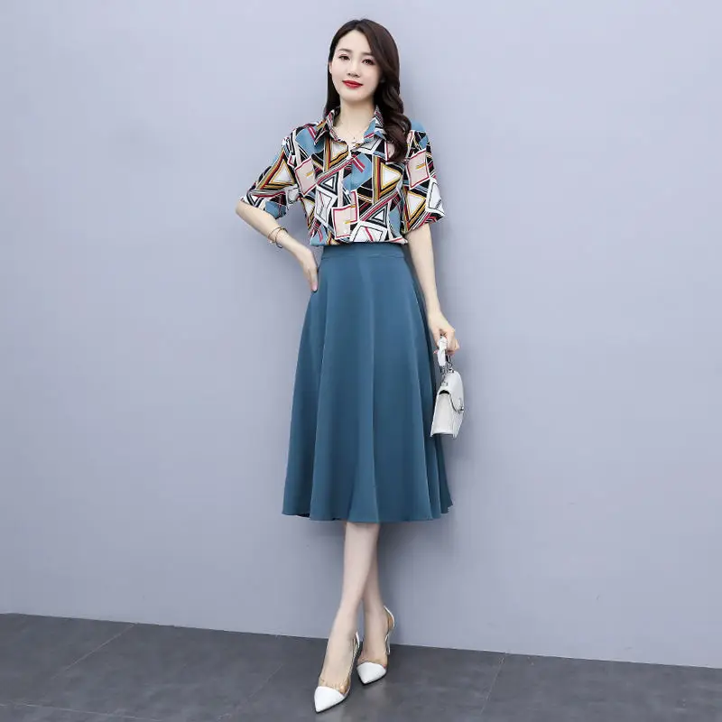

2022 Summer Women Fashion Two-piece Sets Female Short Sleeve Printed Shirts Ladies High Waist A-line Skirts New Skirt Suits F174