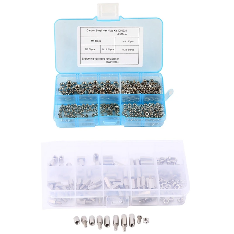 

250 Pcs M1.6 M2 M2.5 M3 M4 Carbon Steel Hex Nut Kit & 200Pcs M3 Hex Nut Spacing Screw Male Female Threaded Pillar Kit