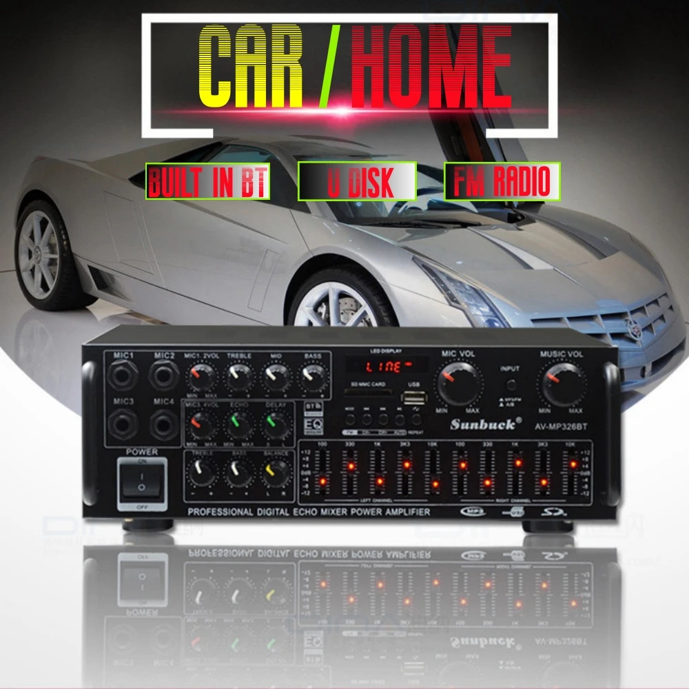 

Модификация автомобильного аудио, 12 В/220 В 200 Вт * 2 Автомобильный/домашний аудио усилитель, высокомощный Bluetooth Эквалайзер EQ, Huilt-in mp3-плеер