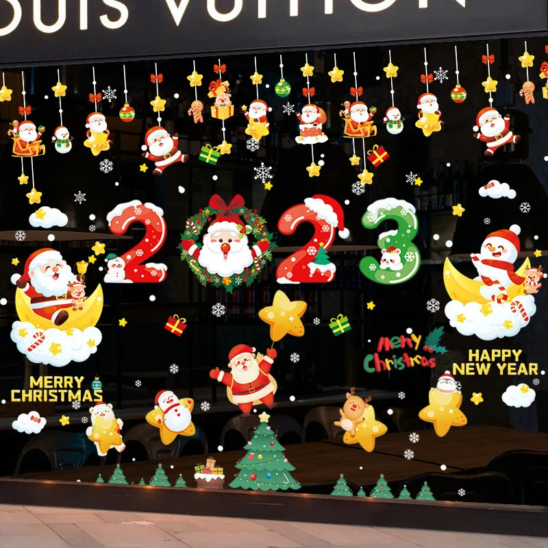 Christmas Window Stickers Merry Christmas Decoration 2023 Shopping Mall Restaurant Glass Stickers Santa Claus New Year Stickers