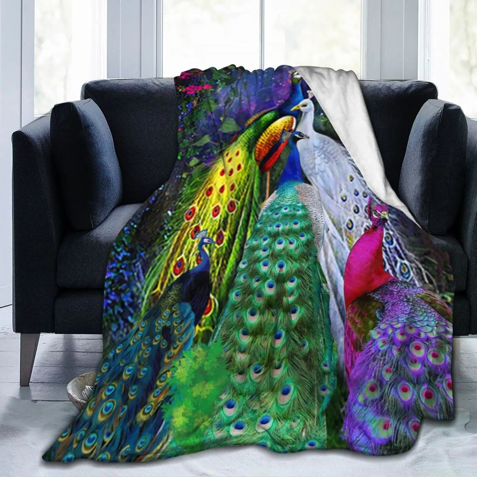 

Flannel Throw Blanket Colorful Decor Soft Cozy Sofa Couch Bed Office Camping for Kids Women Adults Gifts Peacock Themed Pattern