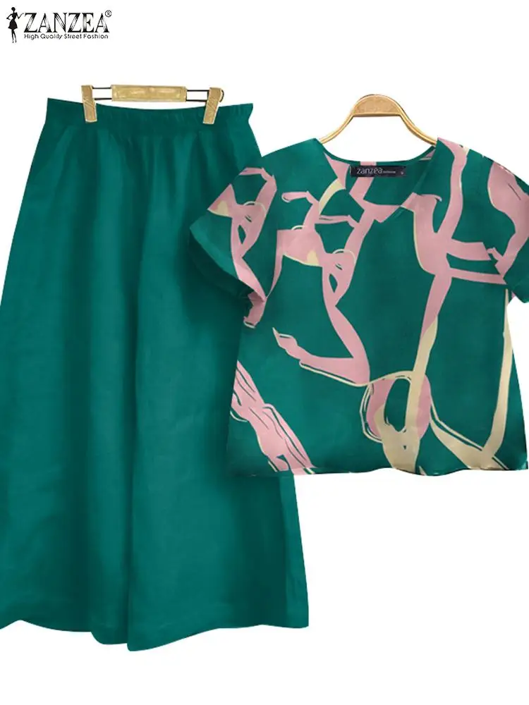 Костюм ZANZEA женский летний из 2 предметов блузка с коротким рукавом и брюки Модный