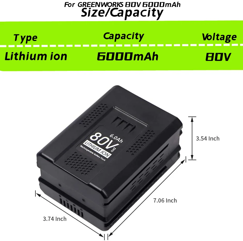 

80V 6000Ah Ersatz Batterie für Greenworks 80V Max Lithium-ionen Batterie GBA80200 GBA80250 GBA80400 GBA80500