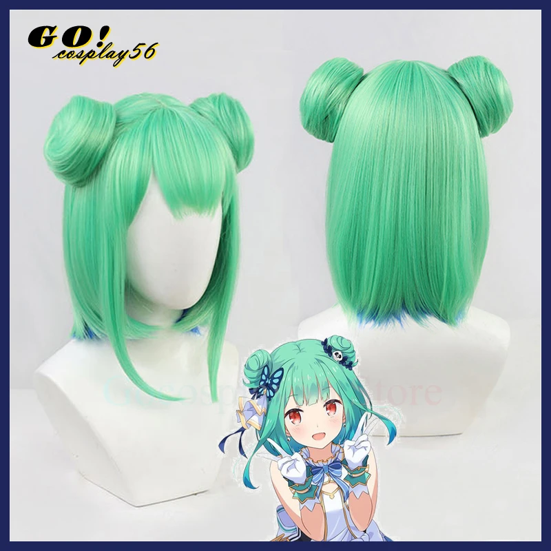 

VTuber Uruha Rushia Cosplay Wig Buns Hololive Fantasy Green Short Straight Hair Holo no Graffiti Role Play Headwear