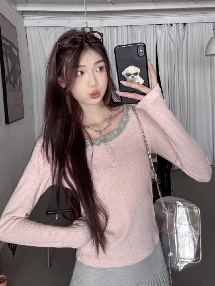 Нежный мягкий розовый кружевной свитер женский новый осенне-зимний