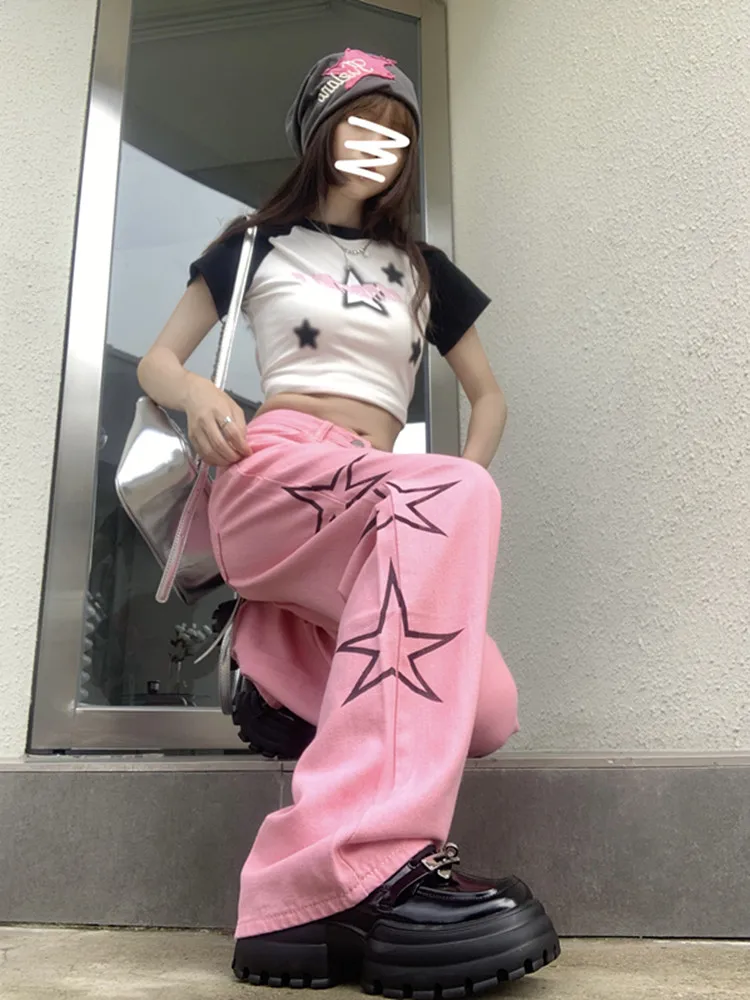 American Vintage Loose Straight Embroidered Jeans For Women High Waist Pink Cowboy Full Length Casual Wide Leg Pants 2023 New