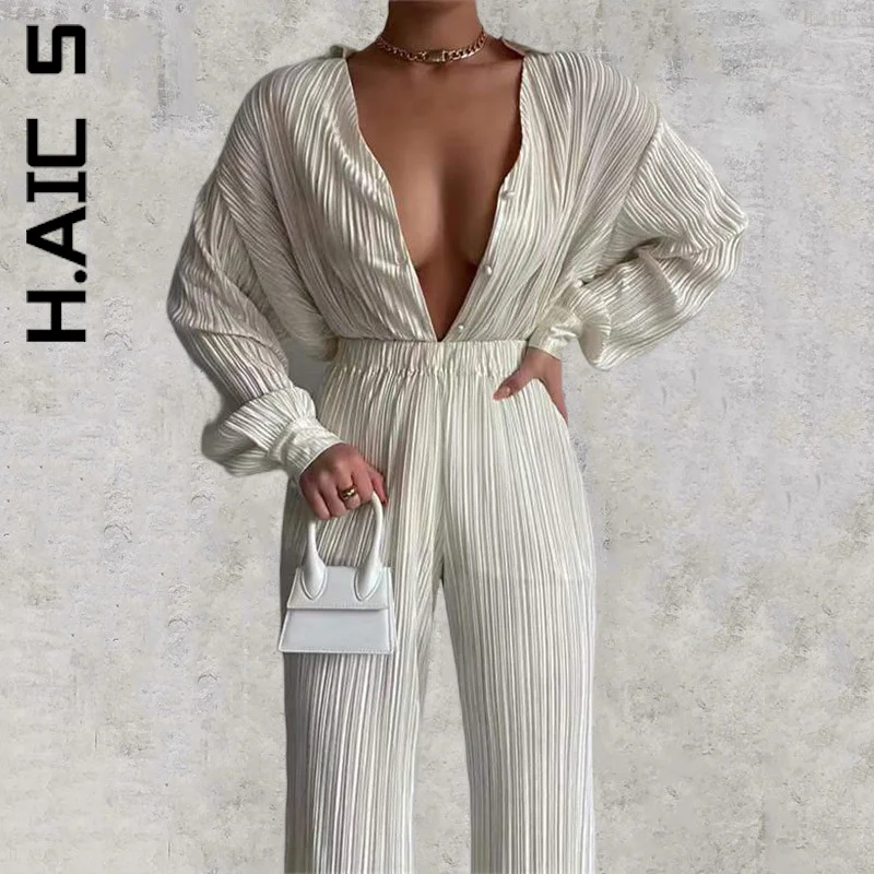 

H.Aic S Women Set New Elegant Tracksuit Solid Color Slim Pants Sets WPleated Notched Single-Breasted Pants Sets Women Female