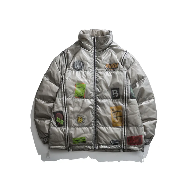 Men Hip Hop Oversize Padded Bomber Jacket Unisex Transparent DIY Decorative Label Parka Harajuku Winter Down Jacket Coat Outwear