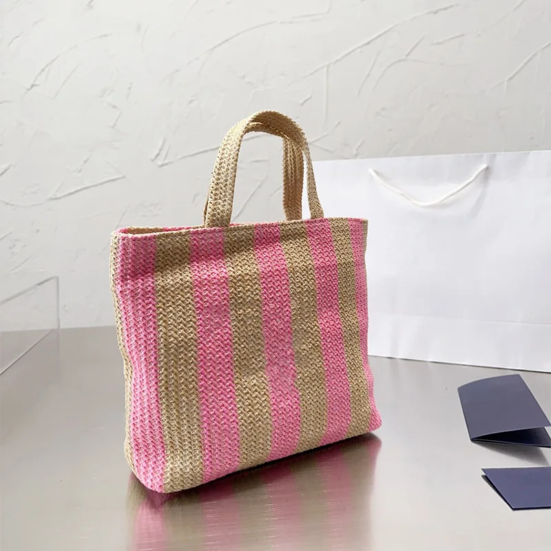 

Luxury Brand Designer Women Square Tote Bag Ladies Knitted Stripe Casual Handbag Solid Color Printed Shopping Bag For Female