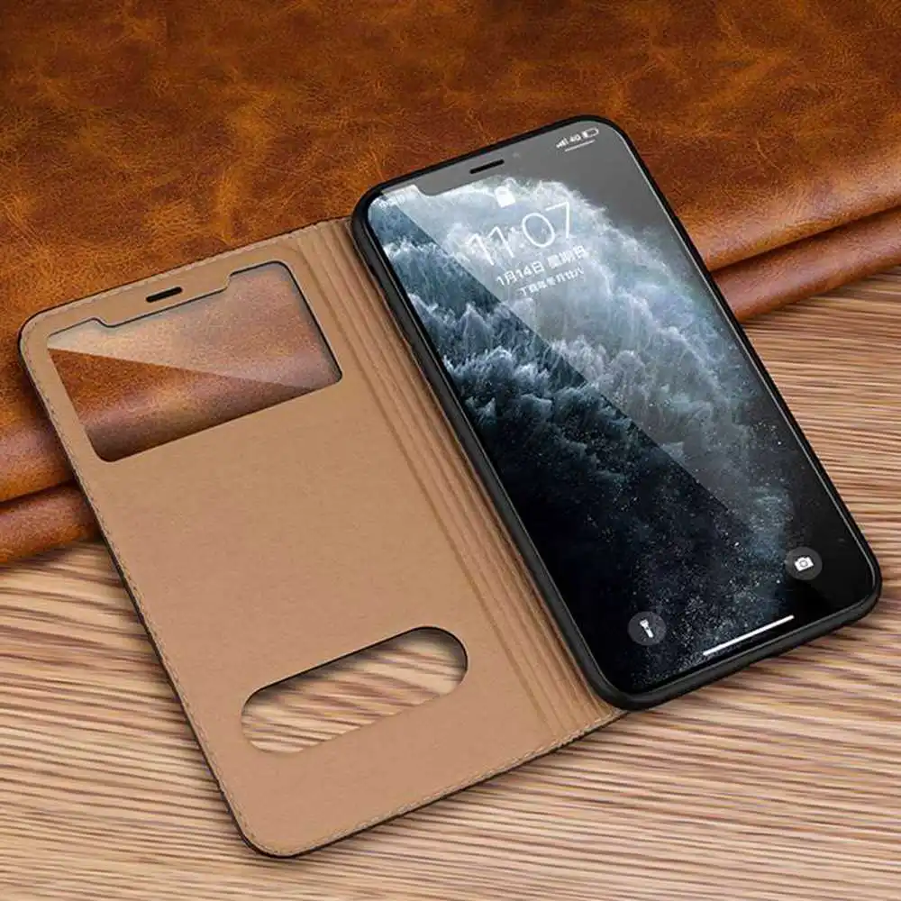 Genuine Leather Case For Iphone 14 13 12 11 Pro Max Plus Window View Coque For Iphone 13 Mini Cases Cover Magnetic Phone Shell