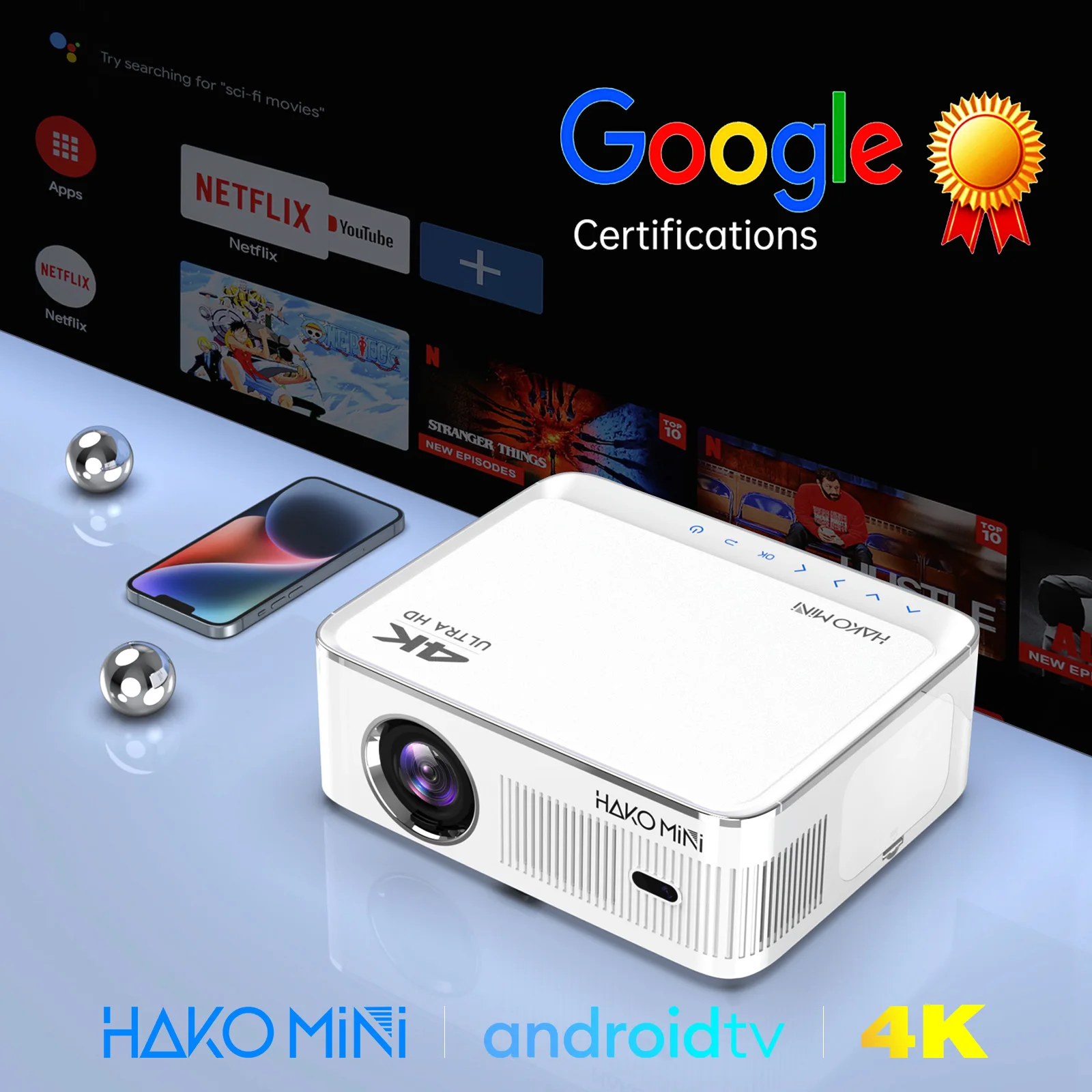 

HD-проектор hakmini 4K 2G/8G 1080P с сертифицированным Google ATV проектором 2,4G + 5G WIFI