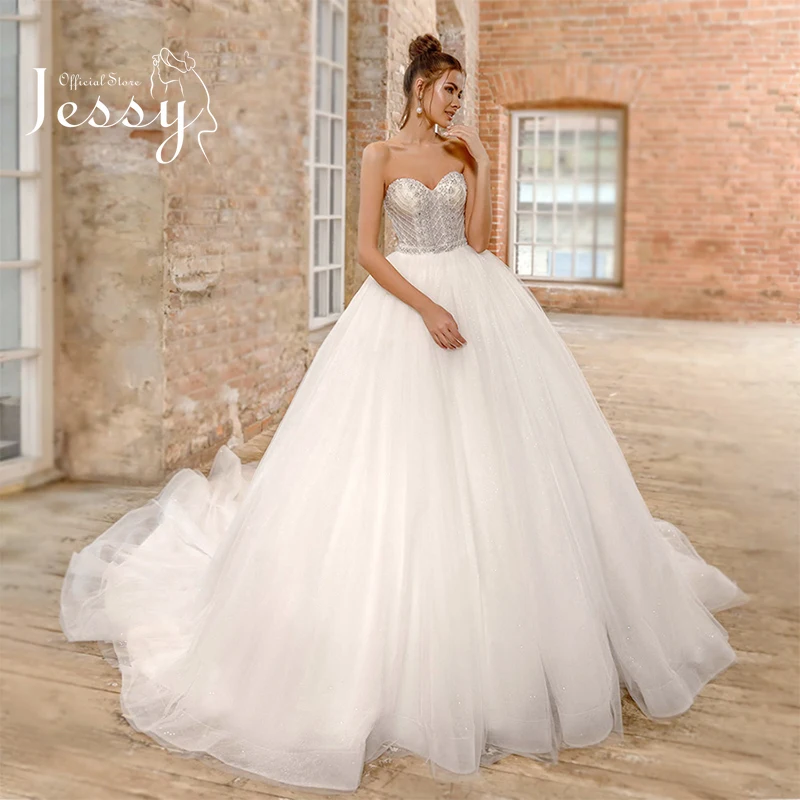 

Luxury Shining Wedding Dress Tulle With Beading Ball Gown Train Corset Strapless Sleeveless Bridal Back Lace Up Robes De Mariée