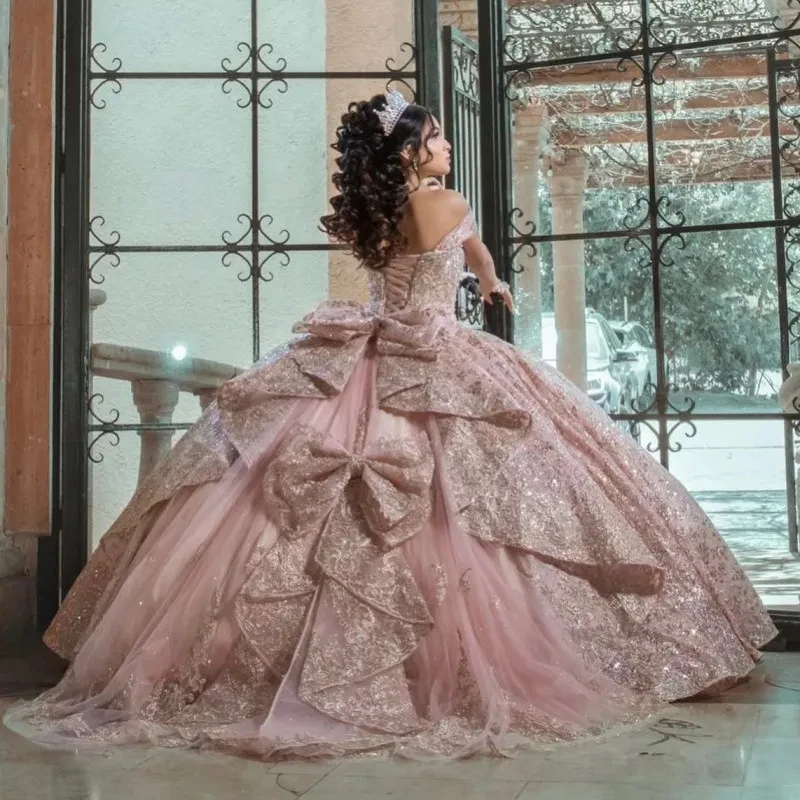 Фото Lorencia розовое бальное платье Quinceanera платье 2023 с аппликацией цветы Бант с открытыми плечами Милые 15 16 лет Vestidos De XV Anos YQD287 №3