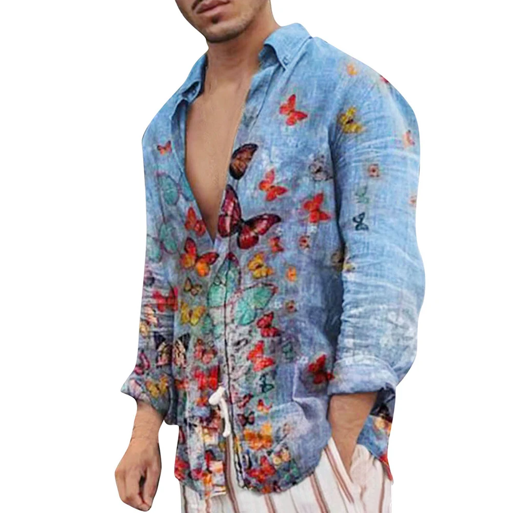 

Men's Butterfly Print Stand Collar Cardigan Long Sleeve Shirt Spring Fashion High Quality Linen Thin Shirt Men's Clothing Top A5