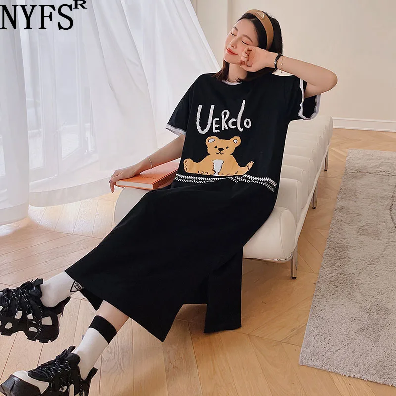 

NYFS 2022 Summer Korea New Woman Dress Vestidos Robe Elbise Loose Cotton Print Slit Short Sleeves Long Dresses