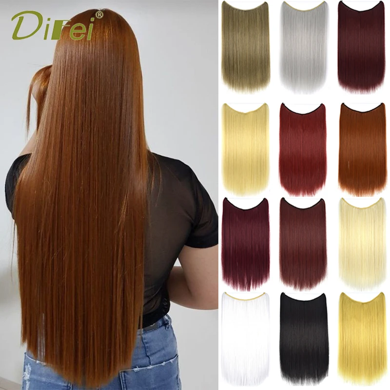 Long Straight Hair Extensions No Clip Invisible Fishing Line Synthetic Hairpiece Woman Natural Artificial Black Gold White Wig