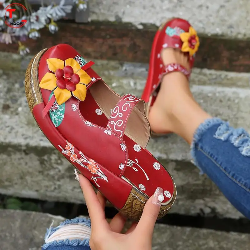 

Tghdof Summer Women's Wedge Sandals Slippers Handmade Slippers Hand-painted Women's Shoes Bohemian Retro Ethnic Sewing Shoes