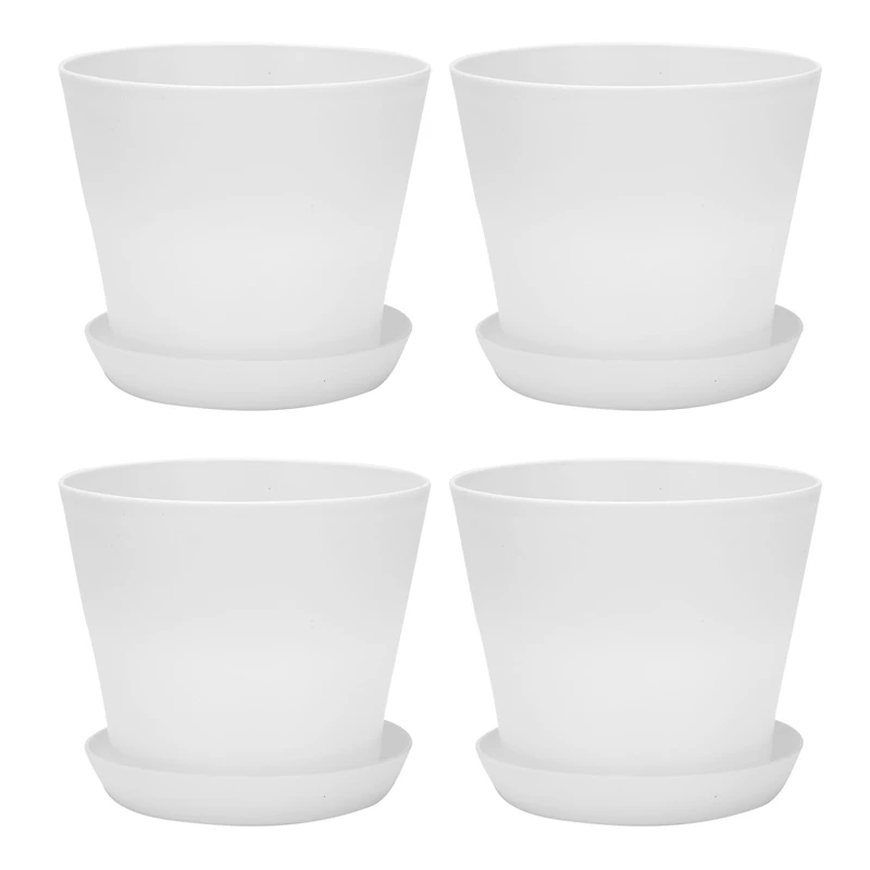 4X Plastic Plant Flower Pot Planter With Saucer Tray Round Gloss Home Garden Decor, White Upper Caliber -, 17Cm