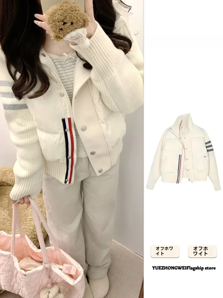 Небольшой вязаный лоскутный пуховик с воротником-стойкой одежда на хлопковой