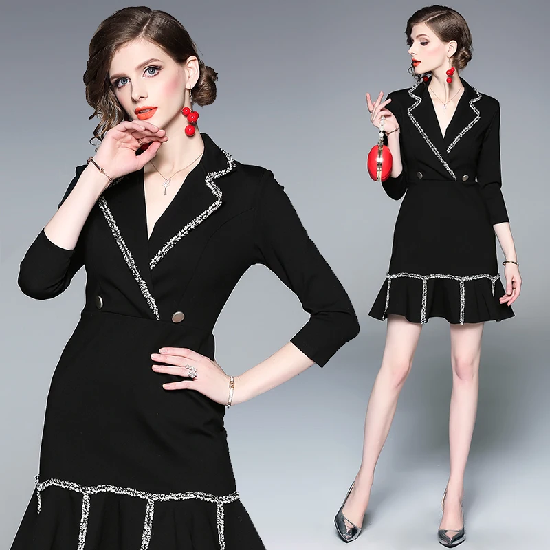 

Summer Women's New Roman Cotton Black Suit Collar Ruffle V-neck Short Sleeved Fishtail Dress