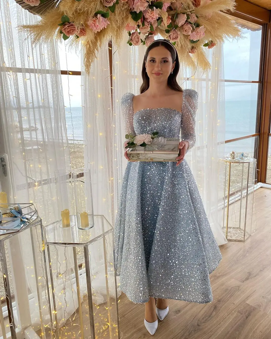 

New Sequins Off The Shoulder Dot Net Prom Dresses Fashion A-Line Tea Length Evening Dress Plus Size Formal Party Dress