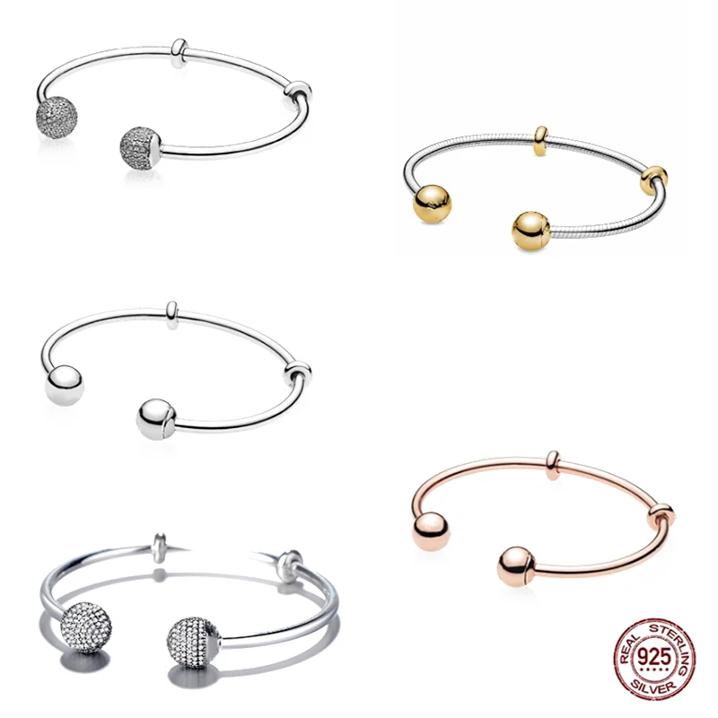 

2022 High Quality Sterling Silver Gold Head Open Bracelet fit Original DIY Charm Beads Boutique Jewelry Gifts for Women