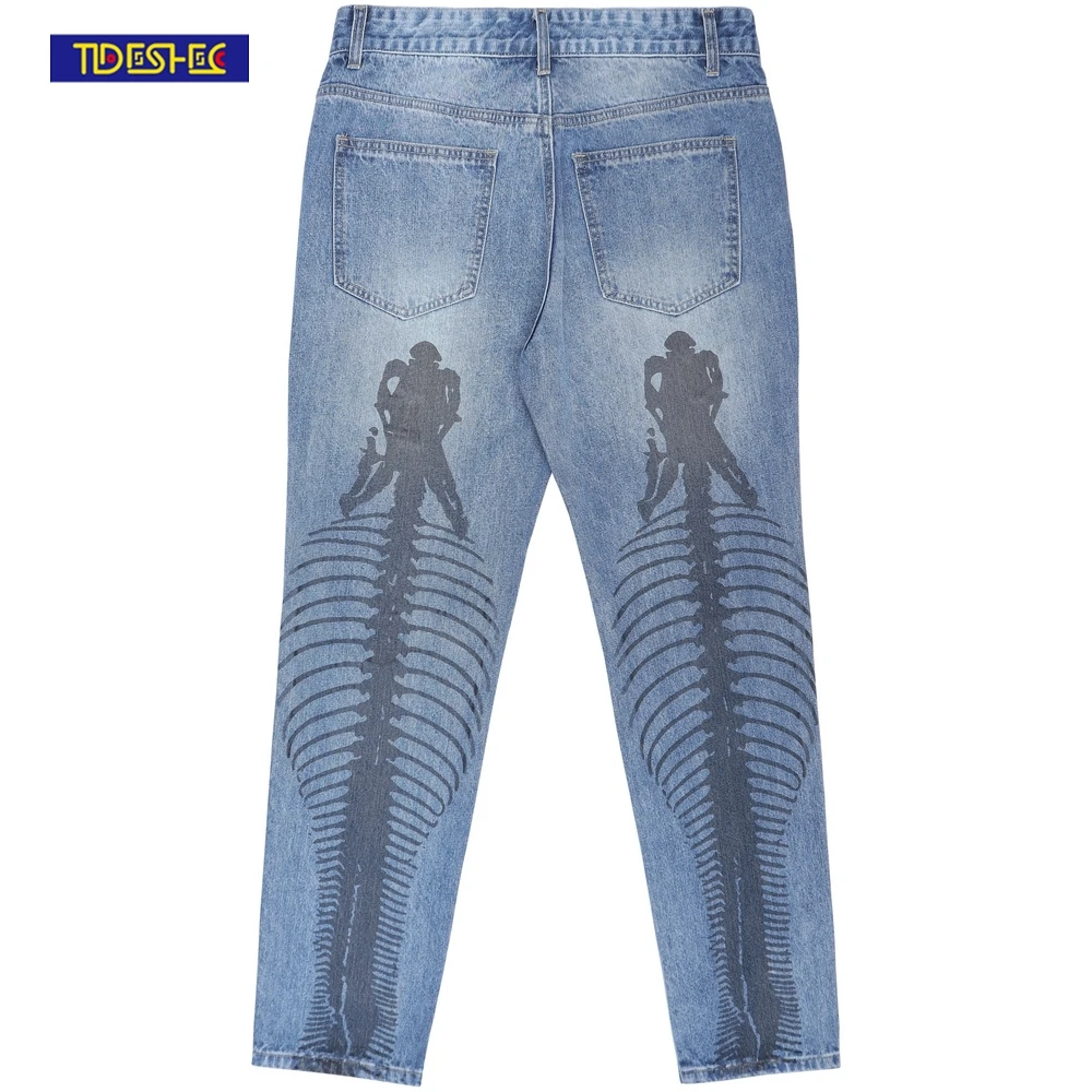 

Men Women Retro Pants 2022 Men American Skull Print Jeans Ripped Jeans Hip Hop Streetwear Washed Denim Jeans Skinny Pants