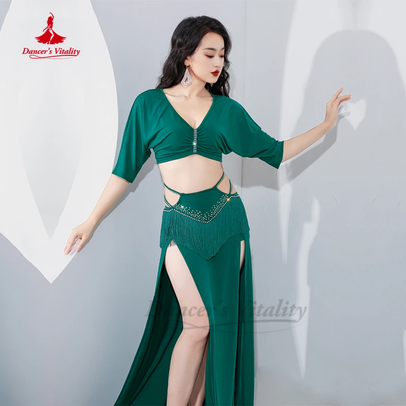 Женский костюм для танца живота, костюм из двух предметов с топом с рукавом до локтя и длинной юбкой с бахромой, одежда для тренировок в восточном стиле