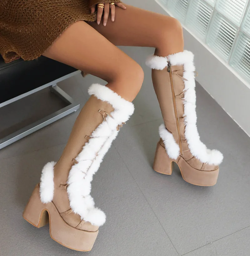 

Dropshipping Snow Boots Tall Women's Boots Lace-Up High-Heeled Boots Fleece Thickened Warm Large Size Sexy Women's Boots 34&46